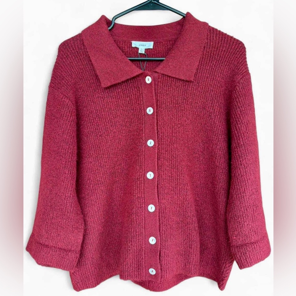 NWT A Loves A Merlot Woll‎ Blend Knit Cardigan Sweater Large Collared Preppy